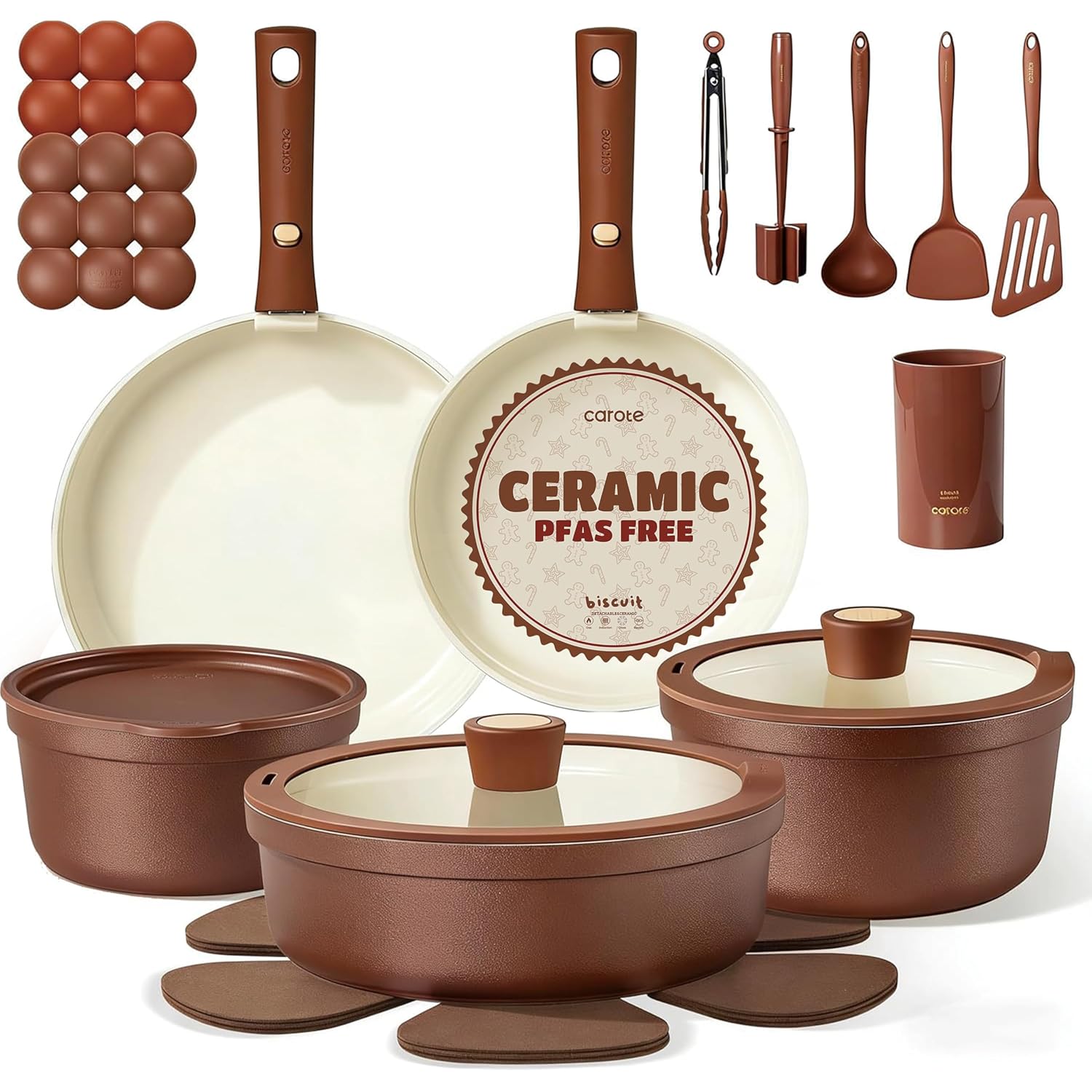 CAROTE 22Pcs Ceramic Cookware Set, Pots and Pans Set Non Stick Removable Handles, Non Toxic Cookware Oven/Dishwasher Safe, Induction Cookware, Gift Set, NonStick Cookware Set with Kitchen Essentials