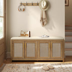 Vasagle Ellan Collection - Boho Shoe Bench With Cushion, Entryway Storage Bench With 4 Rattan-Look Cabinet Doors, Rounded Corners, Adjustable Shelf, For Bedroom Under Window, Natural Brown Ulsb502Kc01