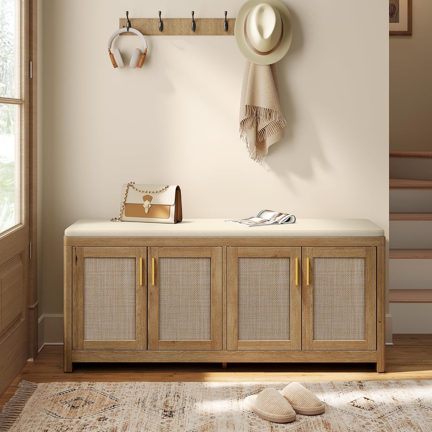 Vasagle Ellan Collection - Boho Shoe Bench With Cushion, Entryway Storage Bench With 4 Rattan-Look Cabinet Doors, Rounded Corners, Adjustable Shelf, For Bedroom Under Window, Natural Brown Ulsb502Kc01