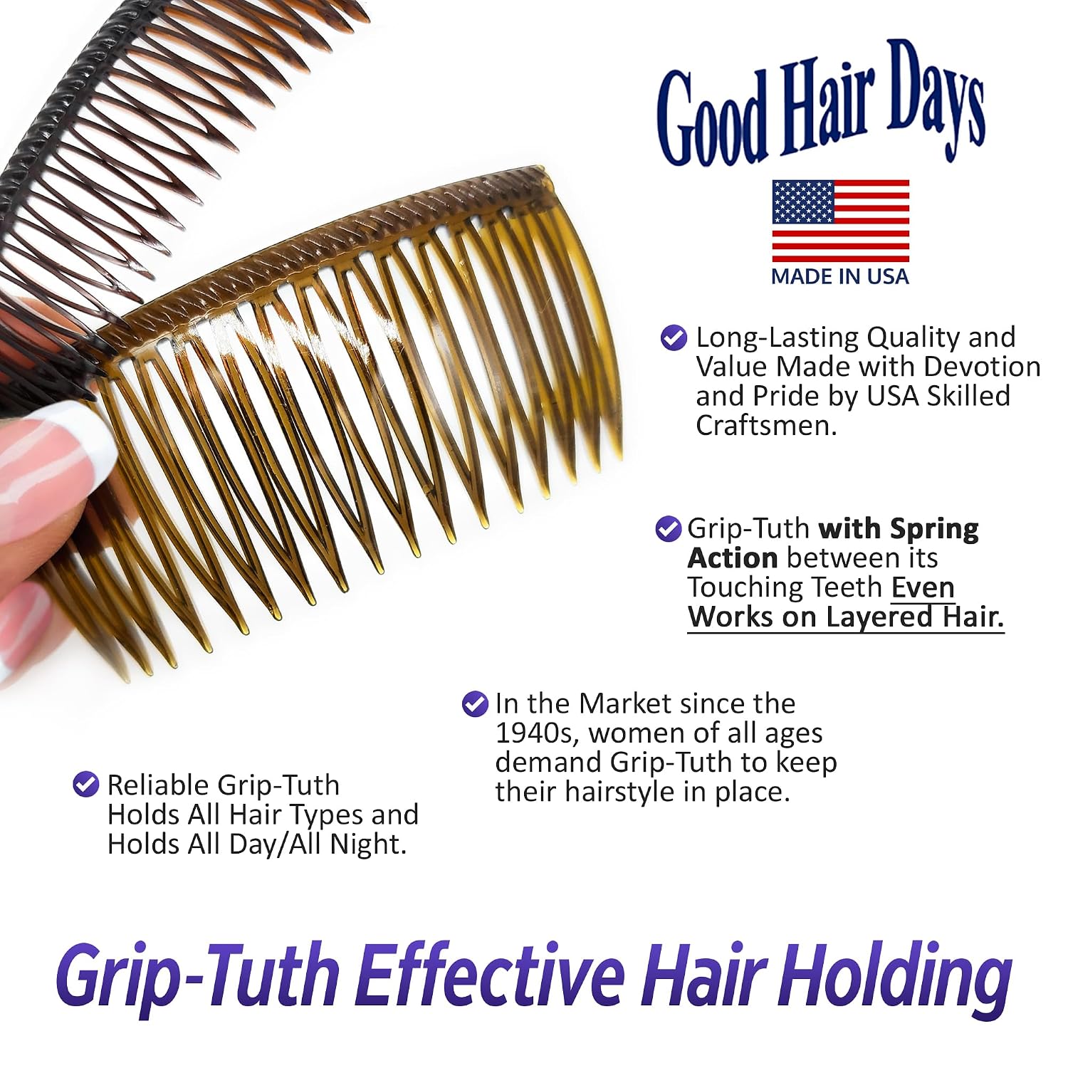 Good Hair Days Grip-Tuth Combs 40415 Set Of 2, Tortoise Shell Color 2 3/4" Wide