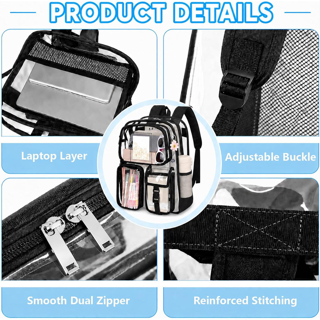 Clear Backpack For School, 17 Inch Heavy Duty Pvc Transparent Bookbag | Reinforced Straps Stitches, Clear Bag For Stadium Events Girls Boys, Large Capacity Backpack For Security College Work Black