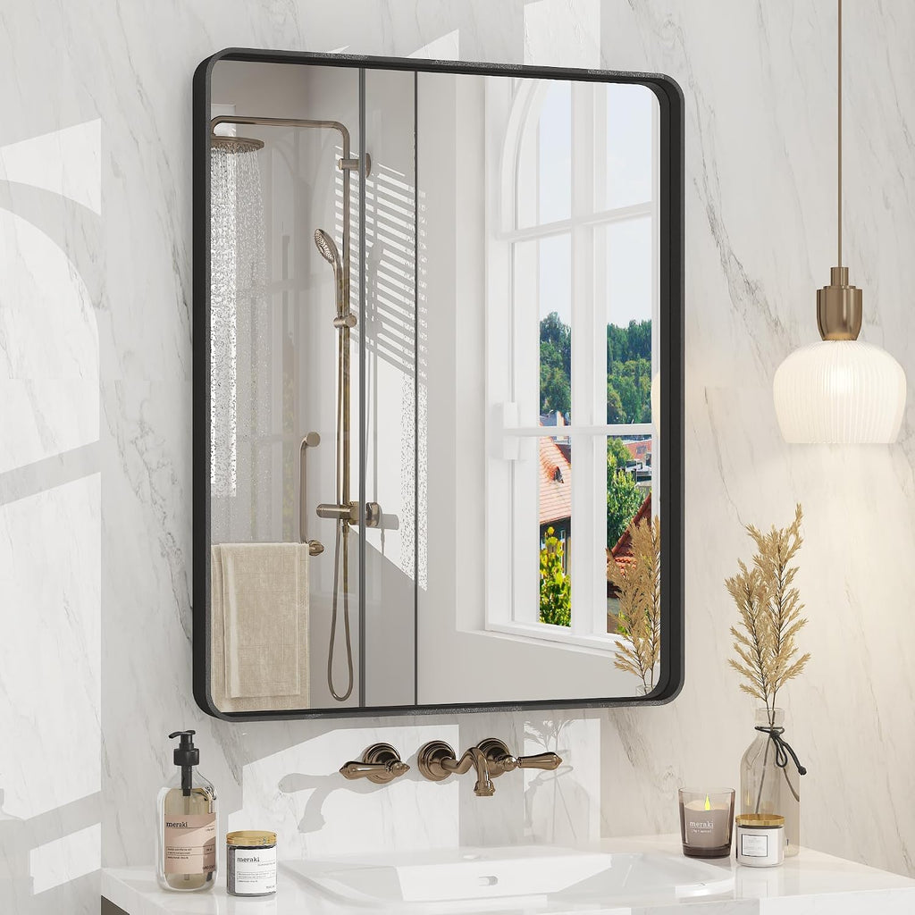 24X30 Inch Black Metal Framed Bathrrom Mirror For Wall, Matte Black Rectabgle Mirror, Rounded Corner, Anti-Rust (Horizontal/Vertical)
