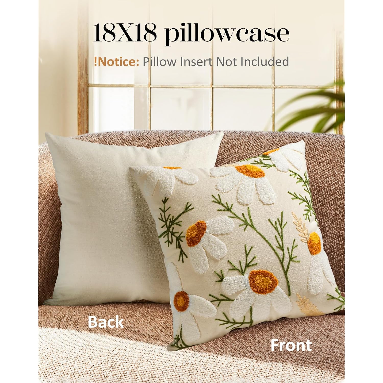 Embroidered Throw Pillow Cover - 18X18 Decorative Pillow Cover With Zipper Aesthetic Cute Design Boho Spring Summer Cozy Throw Pillowcase For Living Room Couch Sofa Bed, White Daisy