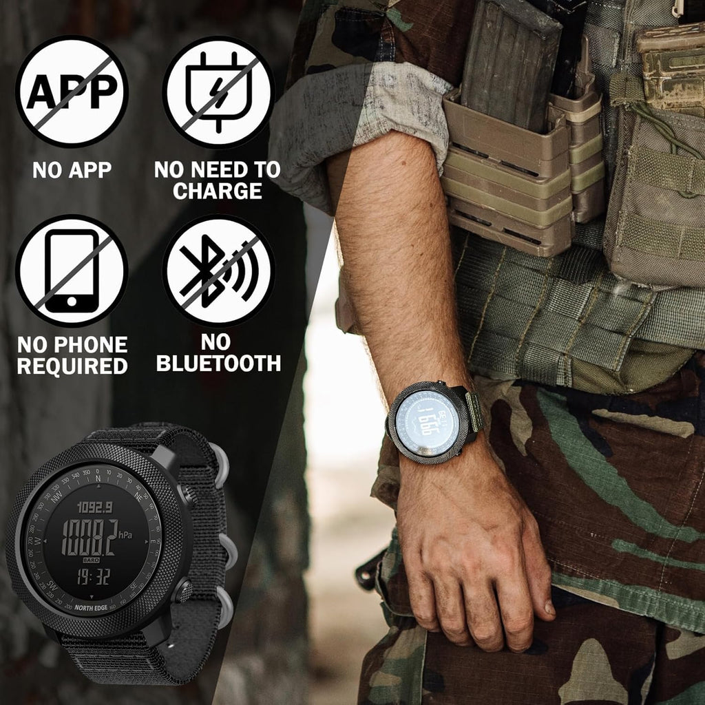 North Edge Military Watch For Men Large Face Tactical Survival Digital Wrist Watch With Altimeter, Compass, Barometer, Waterproof, Pedometer For Outdoor Sports & Hiking (Apache)