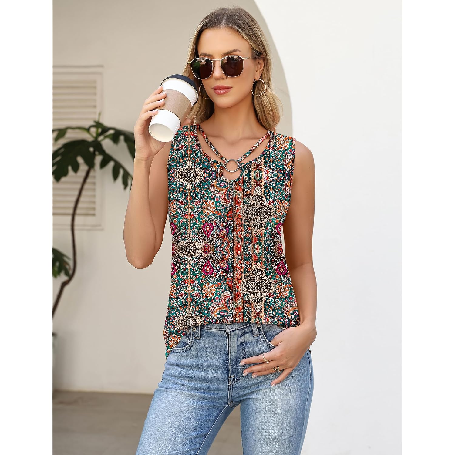Lomon Womens Summer Tank Tops Sleeveless Shirts V Neck Casual Tee Cut Out Ring Keyhole Tanks Camisole Blouse