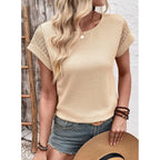 Dokotoo Womens Summer Tops 2026 Waffle Knit Lace Hollow Out Short Sleeve T-Shirts Crewneck Casual Loose Basic Tee Blouses