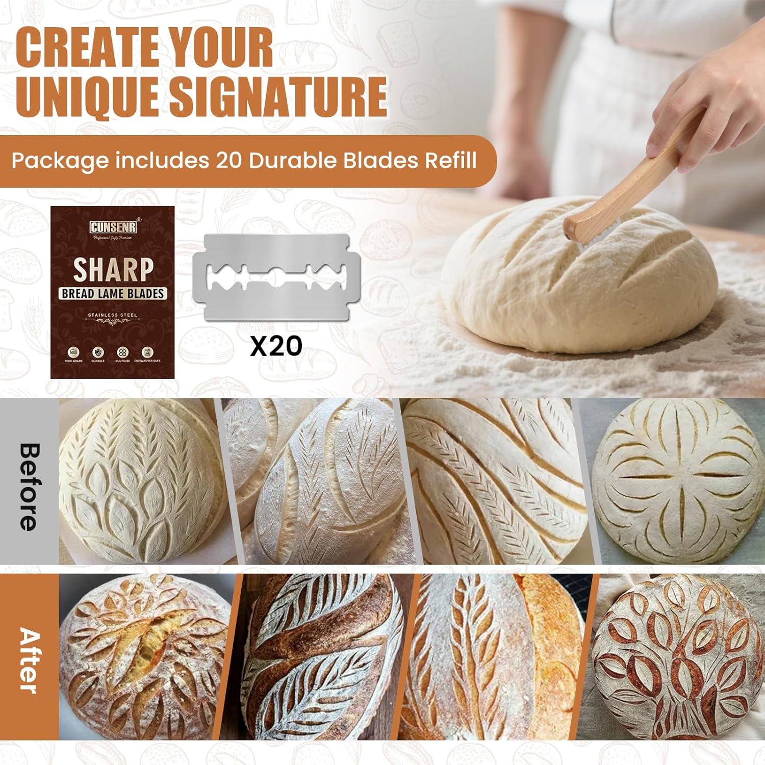CUNSENR Bread Lame Blades Refill – Stainless Steel Scoring Blades for Perfect Bread Art, Suitable for Slicing and Scoring Sourdough, Baguettes, and More (20 Blades)