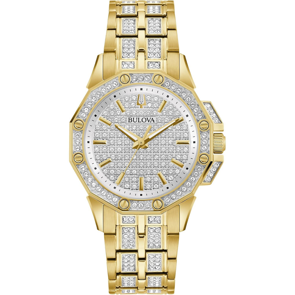 Bulova Ladies' Crystal Octava Gold Stainless Steel 3-Hand Quartz Watch, Crystal Bezel And Dial Style: 98L302
