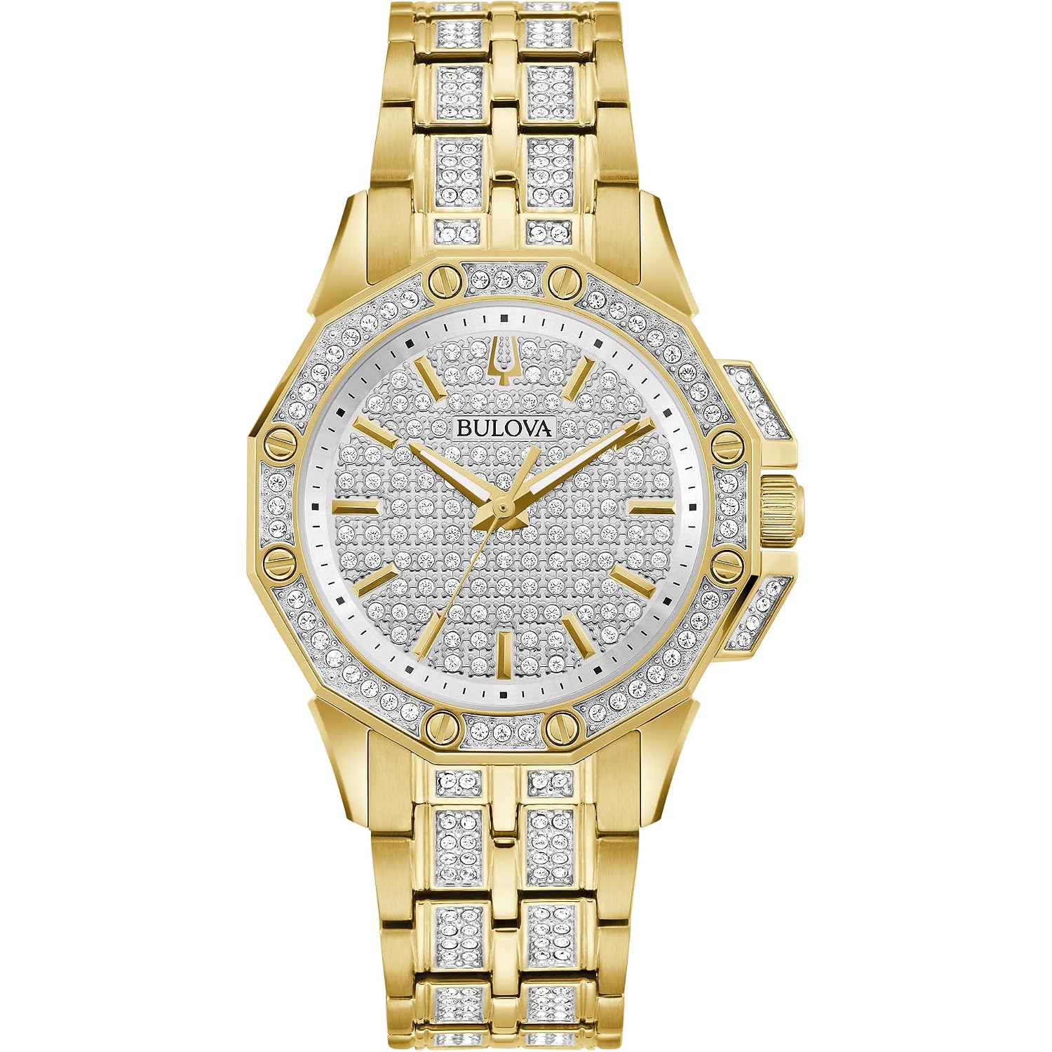 Bulova Ladies' Crystal Octava Gold Stainless Steel 3-Hand Quartz Watch, Crystal Bezel And Dial Style: 98L302