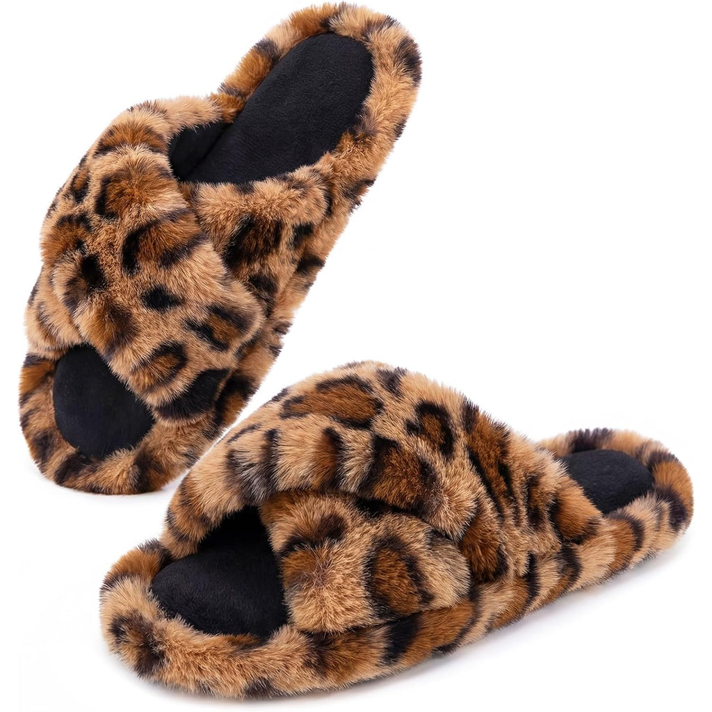 Snug Leaves Women'S Fluffy Open Toe Slippers Cross Band Indoor Outdoor