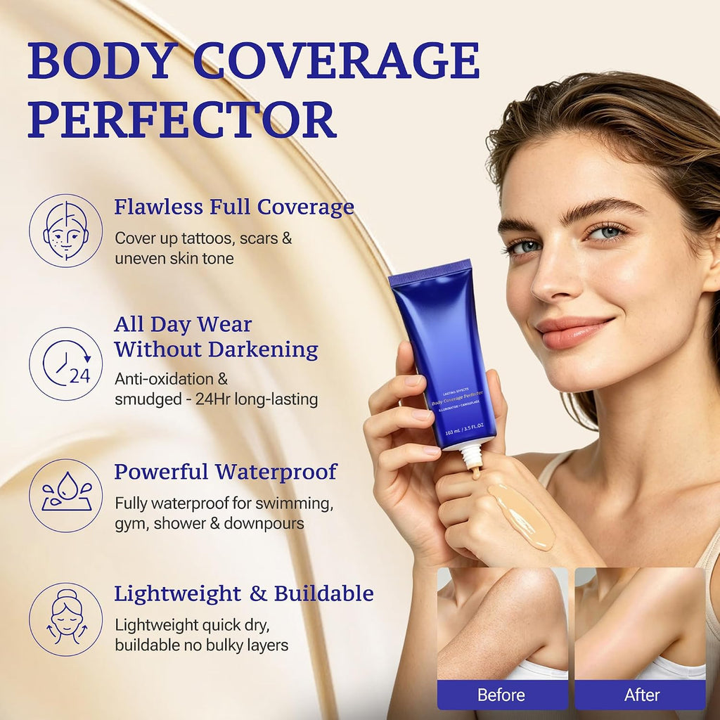 Body Coverage Perfector, Tattoo Cover Up Makeup Waterproof Body Full Coverage Concealer For Bruises Scars Veins, Long Lasting Leg Tattoo Concealer Foundation For Wedding Dating, 3.5Oz Natural Radiance