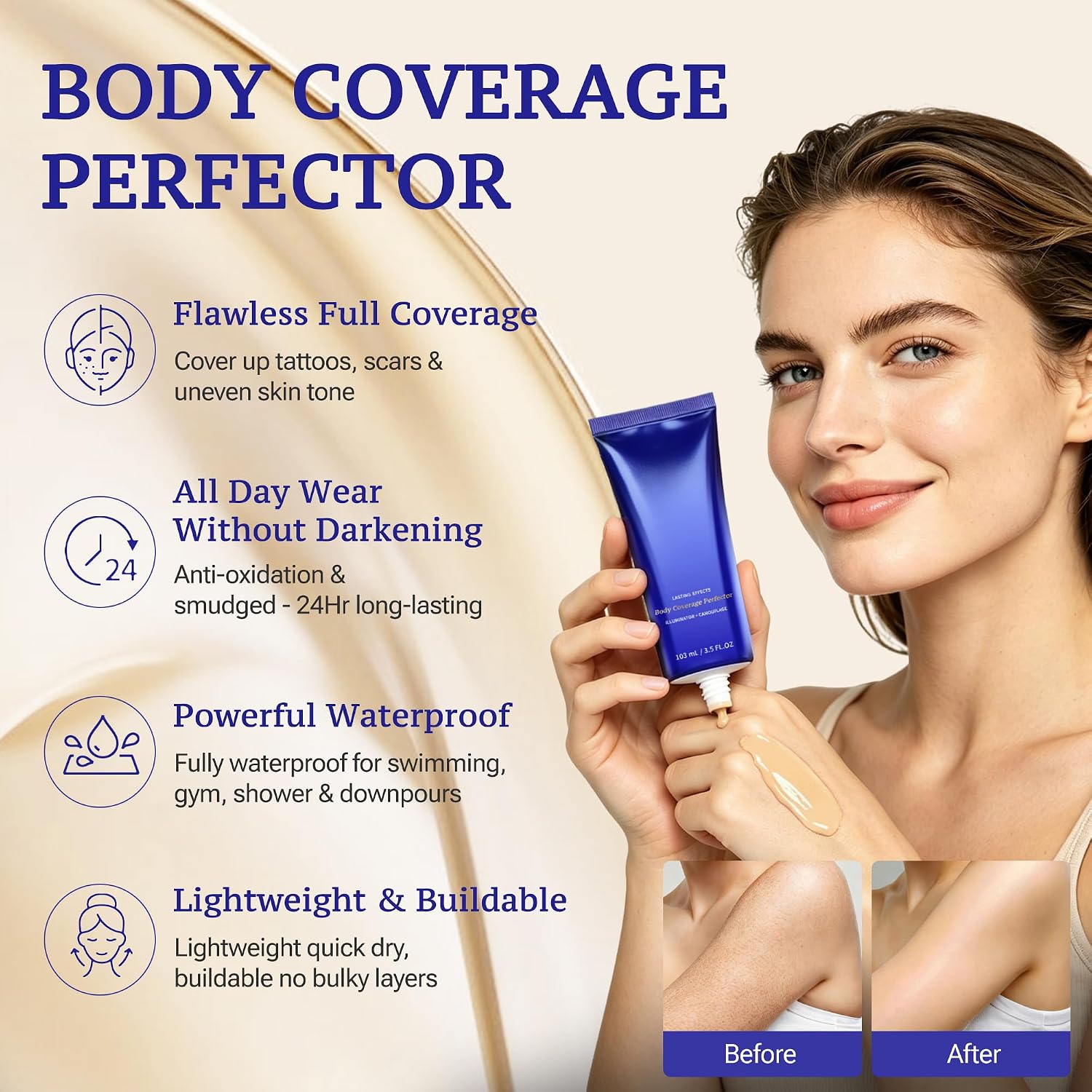 Body Coverage Perfector, Tattoo Cover Up Makeup Waterproof Body Full Coverage Concealer For Bruises Scars Veins, Long Lasting Leg Tattoo Concealer Foundation For Wedding Dating, 3.5Oz Natural Radiance