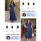 Simplee Womens Summer Denim Dress Casual Short Sleeve V Neck Empire Waist Boho Flowy Western Jean Maxi Dresses With Pockets