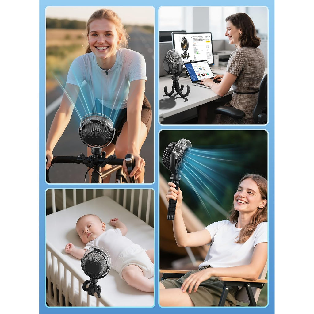 Misting Stroller Fan, 6000Mah Battery Operated Portable Fan With Light & 360° Pivoting, Personal Fans With Flexible Tripod For Baby, Office, Travel,Treadmill,Outdoors