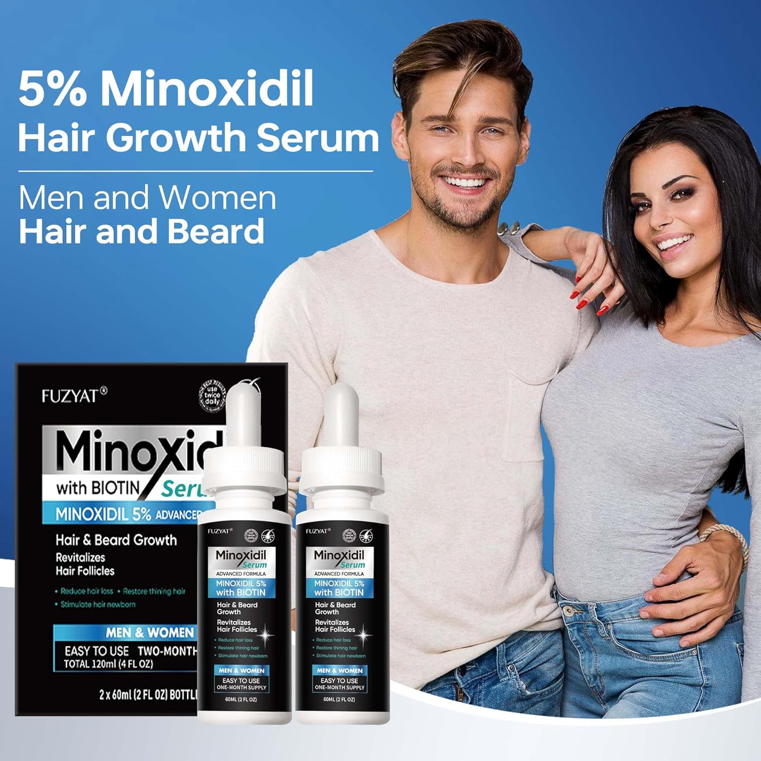 5% Minoxidil for Men, Minoxidil for Women Hair Growth Treatment, Beard Growth Serum, Biotin & Castor Oil Enriched,Strengthens Weak Roots, Repairs Thinning Hair (120ml)