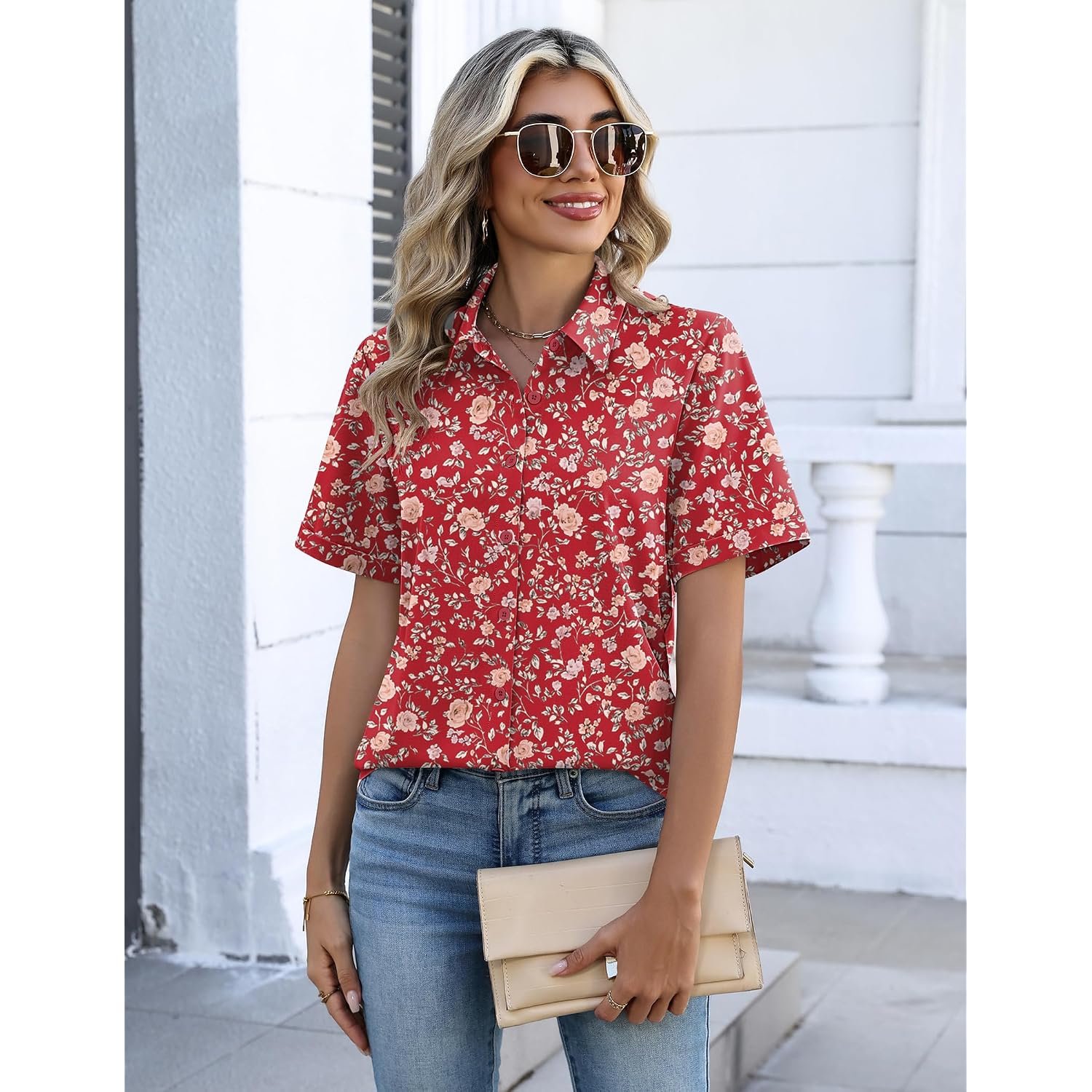 Zeagoo Button Down Shirts For Women Short Sleeve Collared Tops Dressy Casual V Neck Blouses