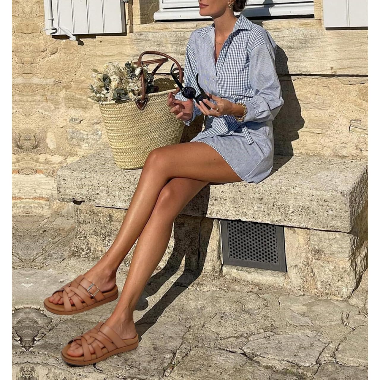 Kuailu Gladiator Sandals For Women With Comfortable Arch Support Summer Beach Walking Fisherman Slides Boho Outfits Flats Slip On Cushion Shoes Indoor Outdoor
