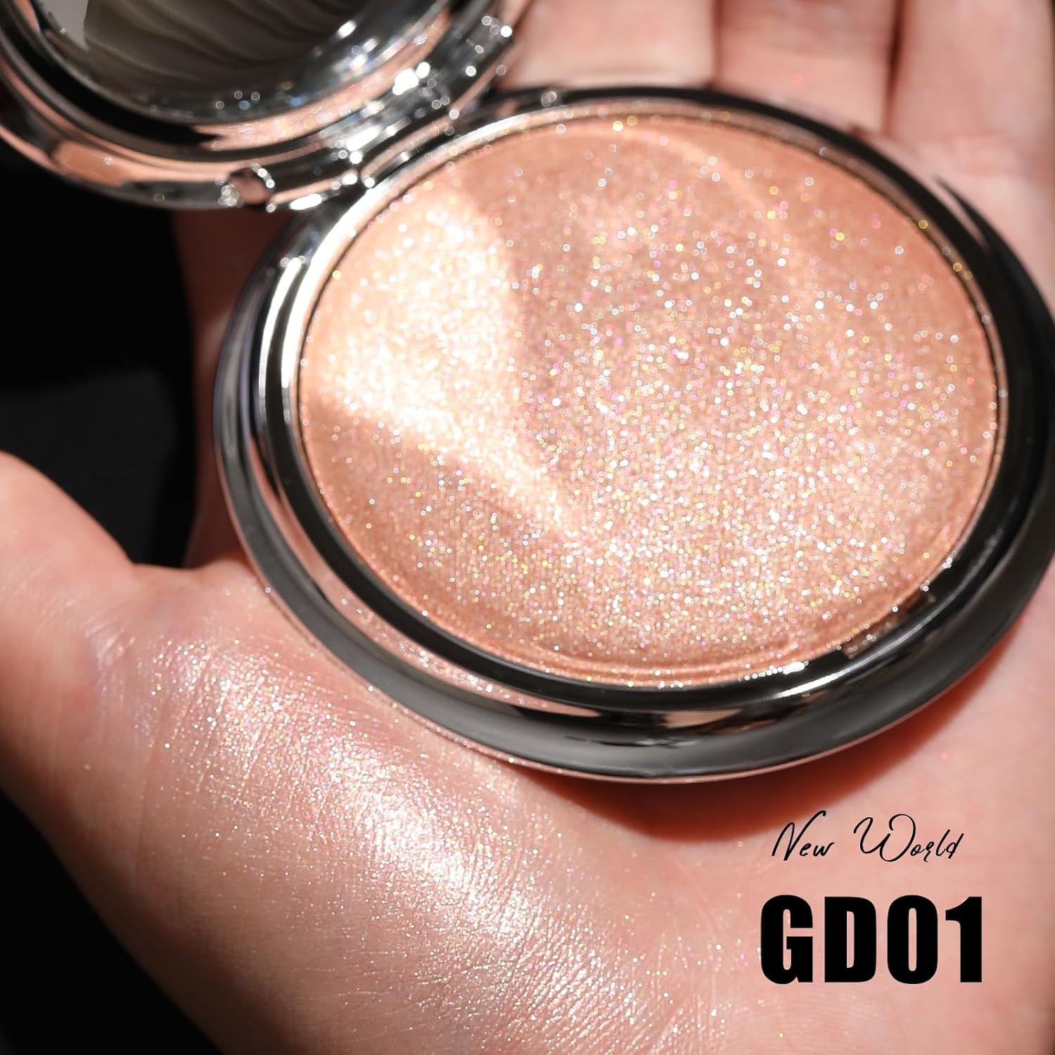 Focallure Shimmer Face Highlighter Makeup Powder, Gel To Powder Glow Finish, Leaving A Lightweight & Healthy Radiance, Long Lasting Luminous Face Body Highlighter Makeup,Gd01 New World
