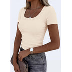 PRETTYGARDEN Scoop Neck Tops for Women 2026 Summer Basic Tees Trendy Short Sleeve Shirts Spring Casual Fitted Ribbed Tops