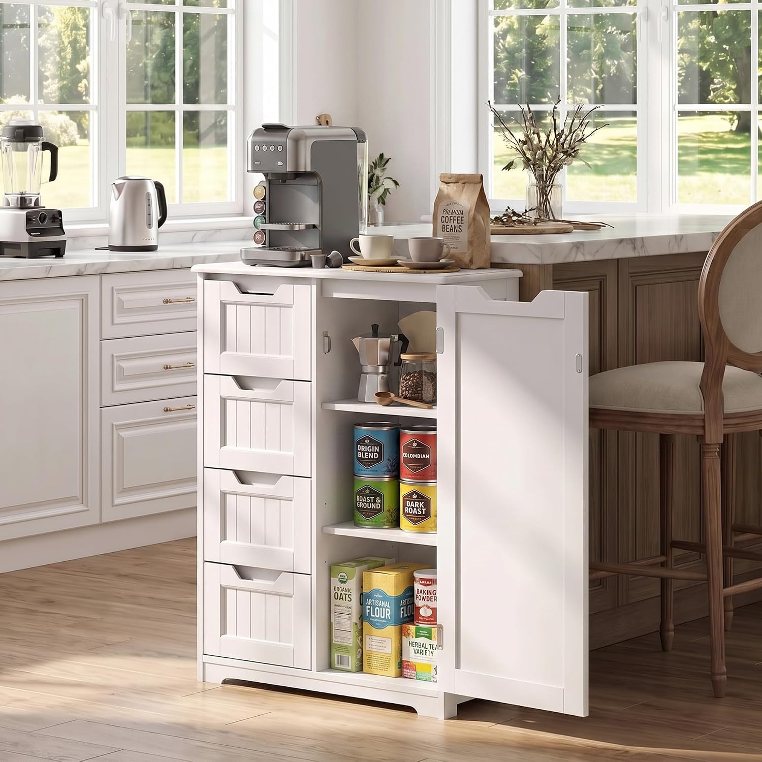 Gizoon Small Kitchen Coffee Bar Cabinet With Door And Shelves, Kitchen Sideboard Buffet Cabinet With 4 Drawers Small Pantry For Kitchen And Living Room, White, Painted