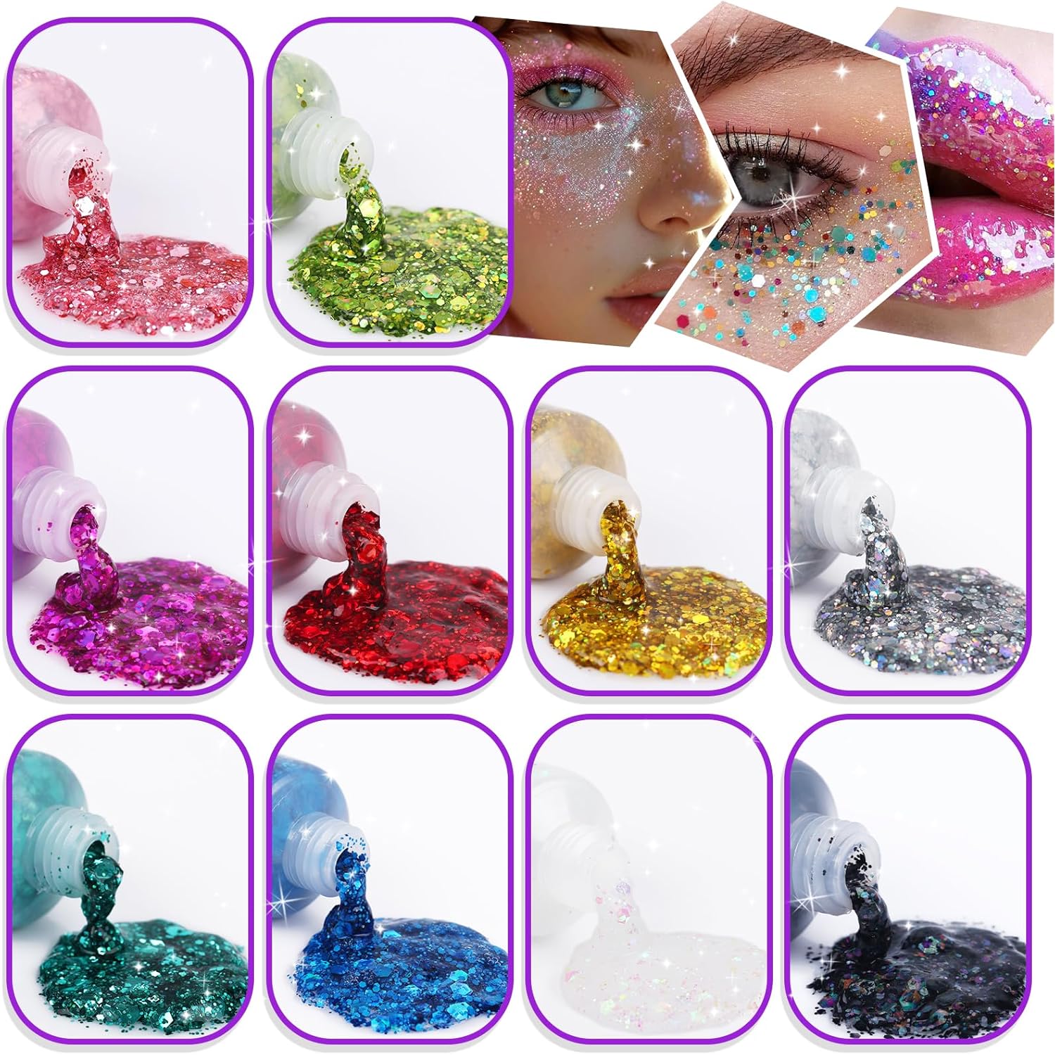 10 Colors Body Glitter,Face Glitter Makeup for Kids Women,Sparkly Chunky Hair Glitter for Eye Lip Hair Nails,Mardi Gras Glitter Makeup Face Paint,Singer Concerts Disco Rave Festival Accessories
