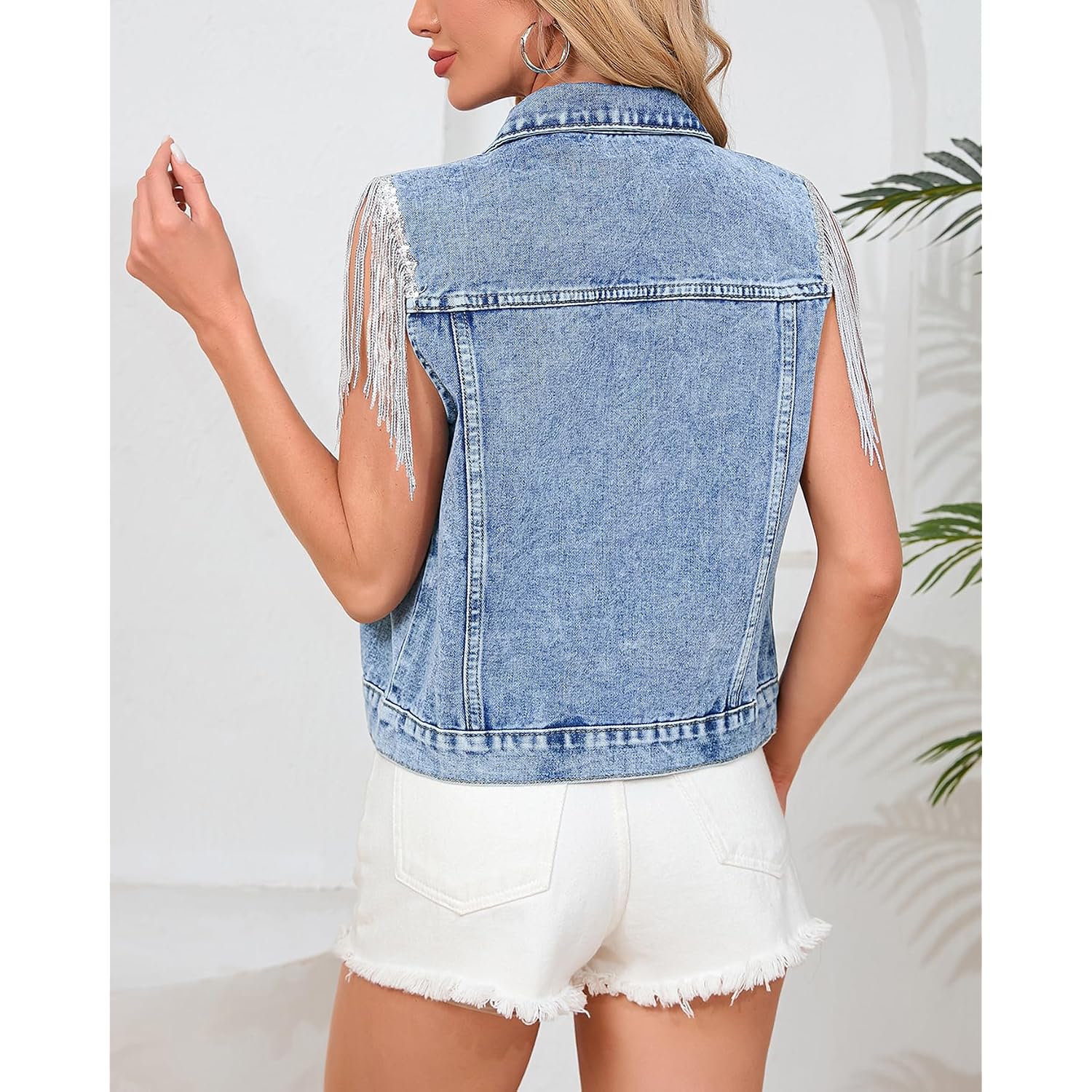 Women'S Pearls Beading Denim Vest Sleeveless Sequin Fringe Tassel Western Cowgirl Jean Vest