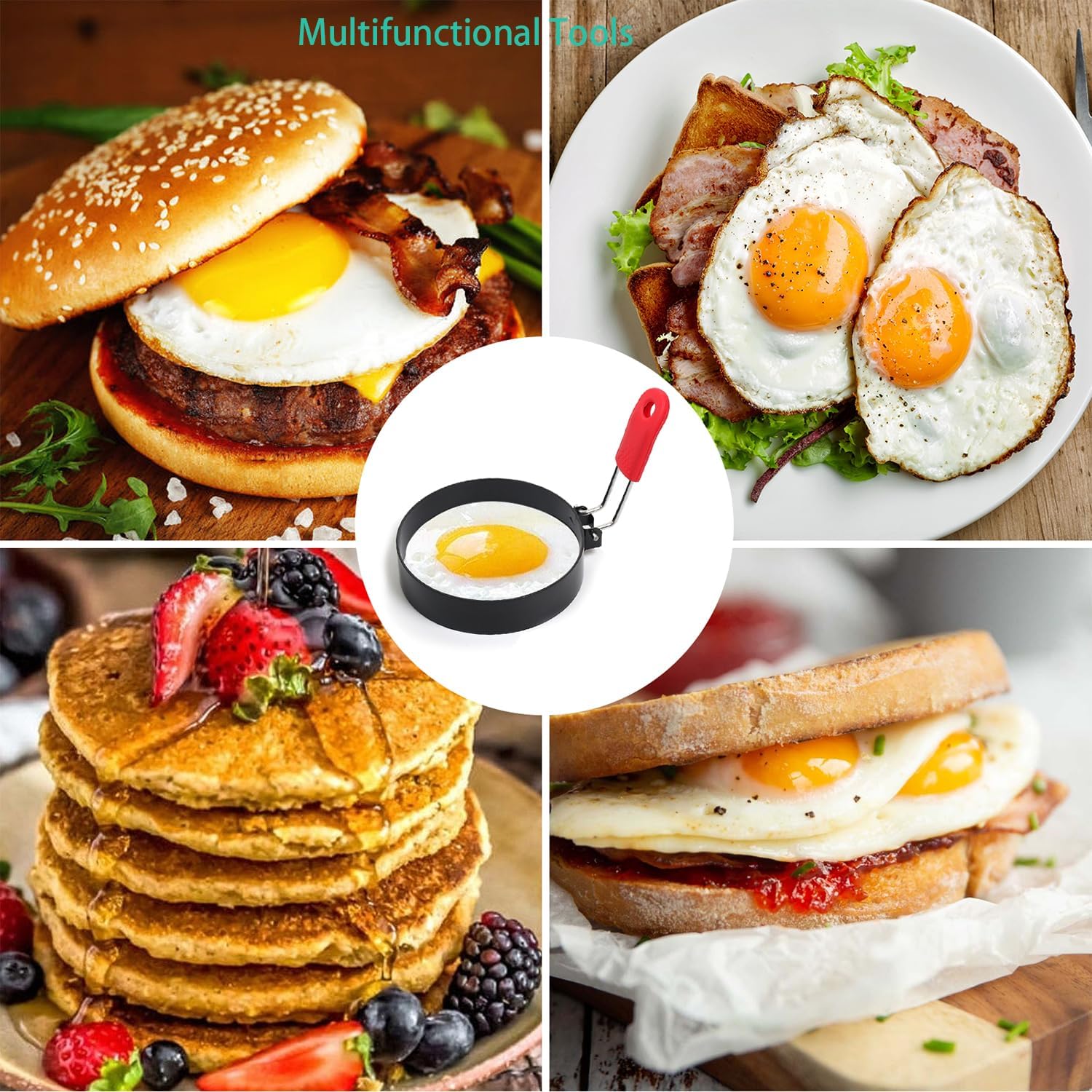 3.5" Egg Rings Set Of 2 With Silicone Handle, Round Mold For English Muffins,Pancake Mold For Indoor Camping Breakfast Sandwiches Egg Mcmuffins