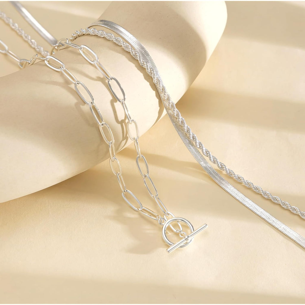 Freekiss Layered Necklaces for Women: 14K Gold/Sterling Silver Plated Chunky Necklace Paperclip Cuban Rope Adjustable Choker T-Bar Toggle Clasp Chunky Necklace for Women Trendy Jewelry Gifts