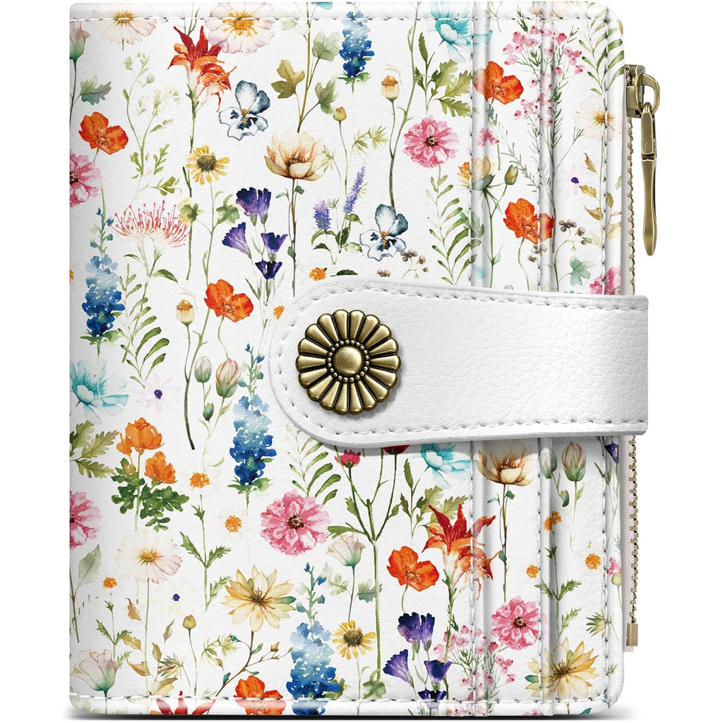 Small Wallet For Women, Rfid Blocking Bifold Card Holder Wallet With 10 Card Slots, Cash Compartment, Zipper Coin Pocket & Id Window, Cute Soft Vegan Leather Compact Wallet, Wildflower