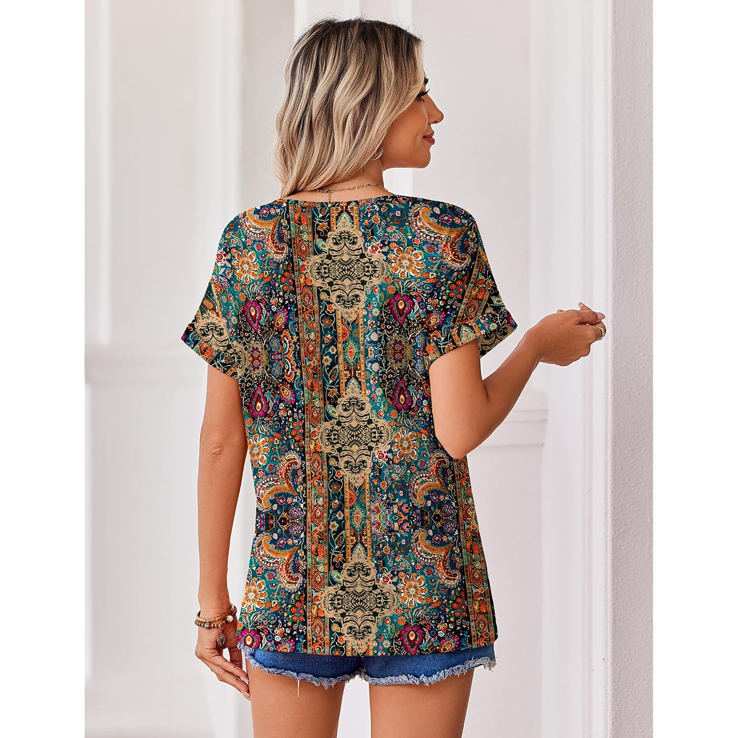 Zeagoo Womens Summer Tops Rolled Short Sleeve V Neck Shirts Casual Dressy Business Work Blouses Outfits Boho-mz721
