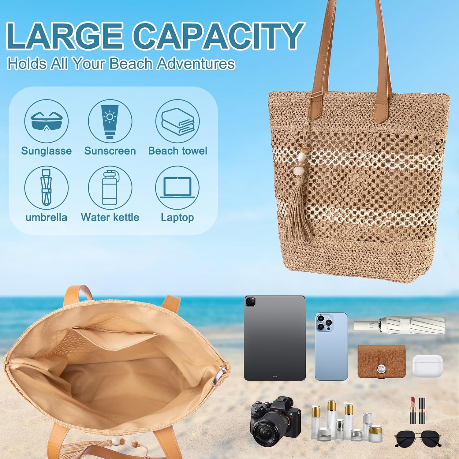 Straw Beach Tote Bag Women - 2026 Handwoven Summer Purse Handbag With Zipper Perfect For Vacation Travel Pool | Large Roomy