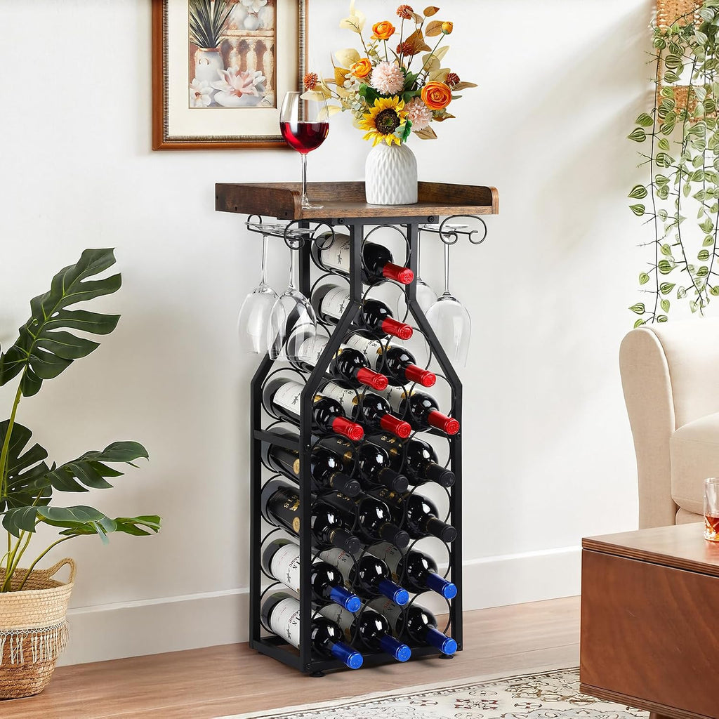 Wine Rack Freestanding Floor, Table Wine Holder Stand Mini Bar Table Floor Wine Storage For Home Bar Kitchen Living Room With Glass Holder Wood Tabletop 19 Bottles