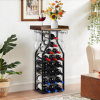 Wine Rack Freestanding Floor, Table Wine Holder Stand Mini Bar Table Floor Wine Storage For Home Bar Kitchen Living Room With Glass Holder Wood Tabletop 19 Bottles