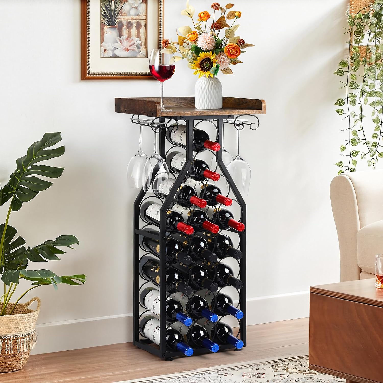 Wine Rack Freestanding Floor, Table Wine Holder Stand Mini Bar Table Floor Wine Storage For Home Bar Kitchen Living Room With Glass Holder Wood Tabletop 19 Bottles