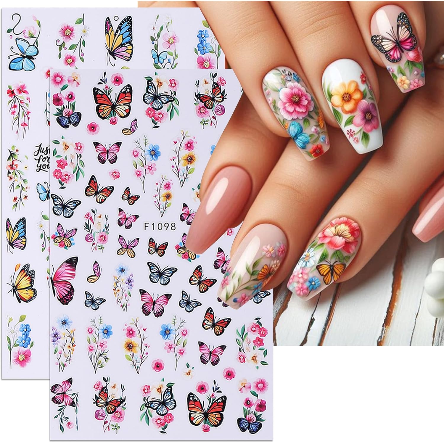 Butterfly Nail Art Sticker Decals 14 PCS Spring Flower Nail Decals with Tweezers 3D Self Adhesive Stickers Colorful Butterflies Designs Nail Art Decoration Manicure Supplies for Women