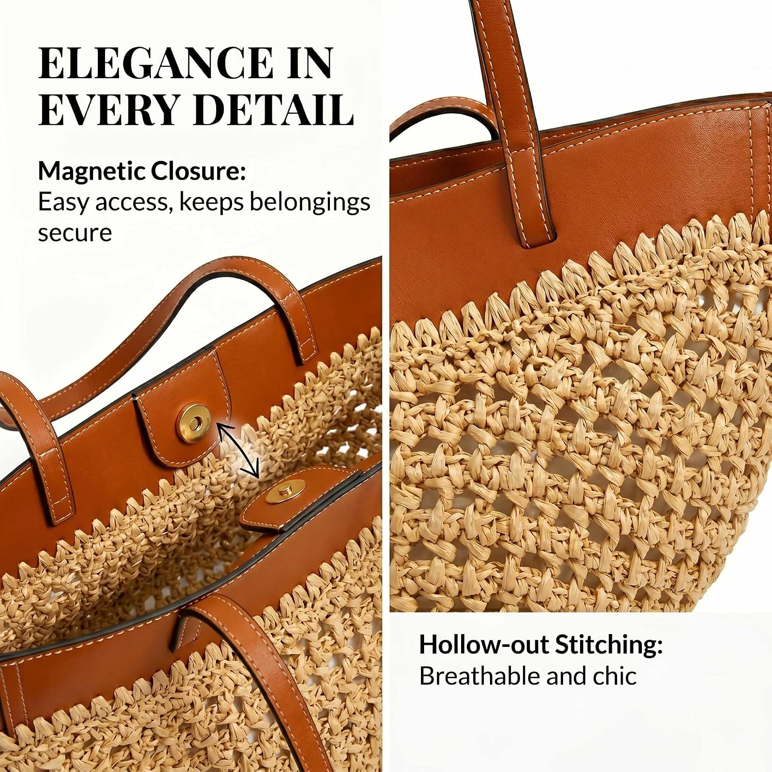 Straw Beach Bags For Women, Boho Summer Purse Tote With Pu Shoulder Strap