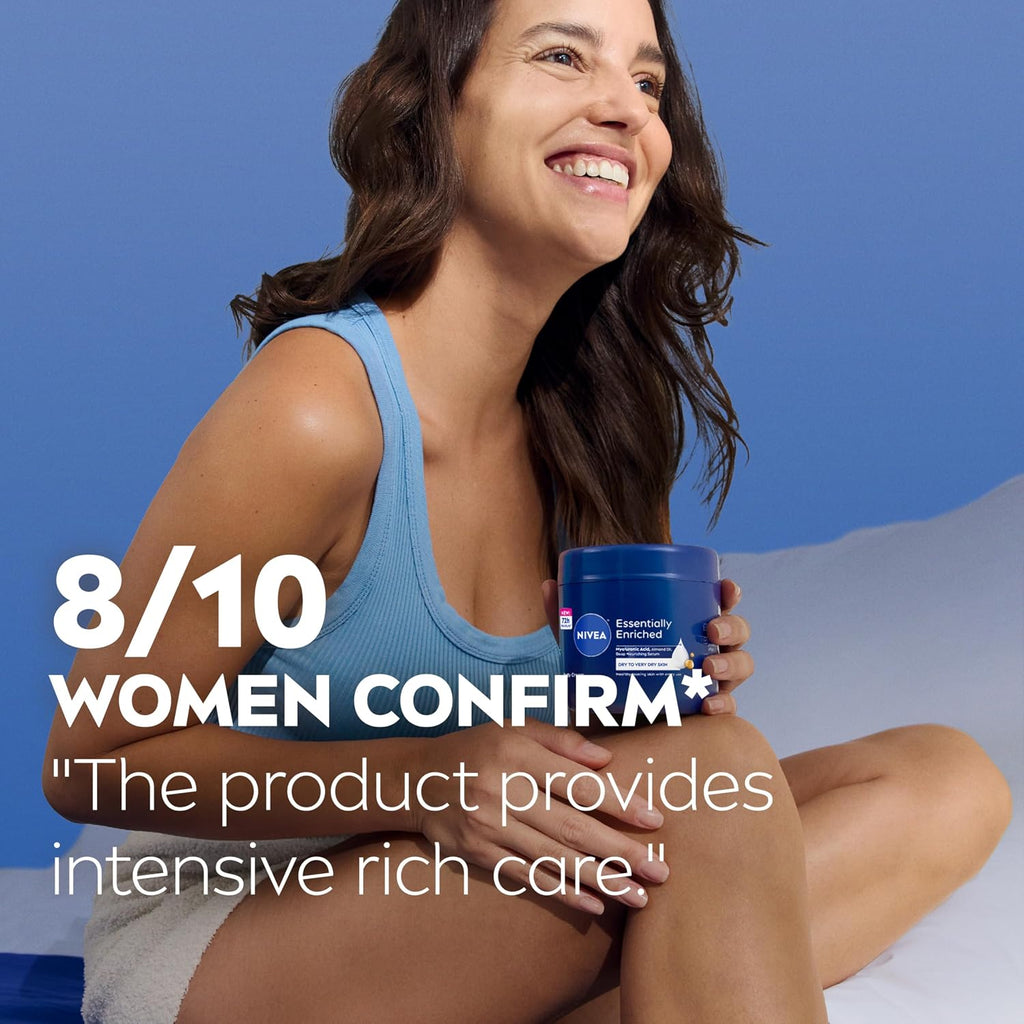 Nivea Essentially Enriched Body Cream For Dry To Very Dry Skin With Hyaluronic Acid, Deep Nourishing Serum And Almond Oil, 72-Hour Body Moisturizer, 13.5 Oz Jar