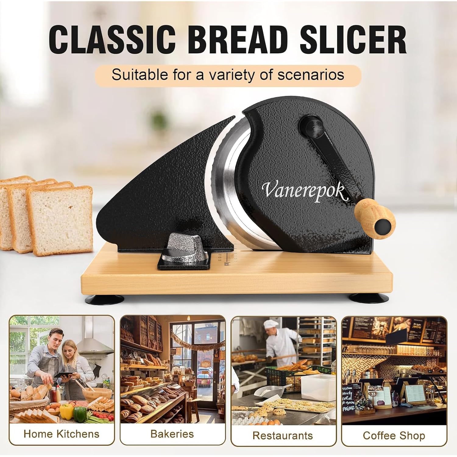 Manual Bread Slicer Adjustable Thickness For Homemade Sourdough | Hand Crank Bread Cutter With Scale & Stable Suction Cups & Wood Base For Even Slicing Perfect Baking Gift For Home Bakers
