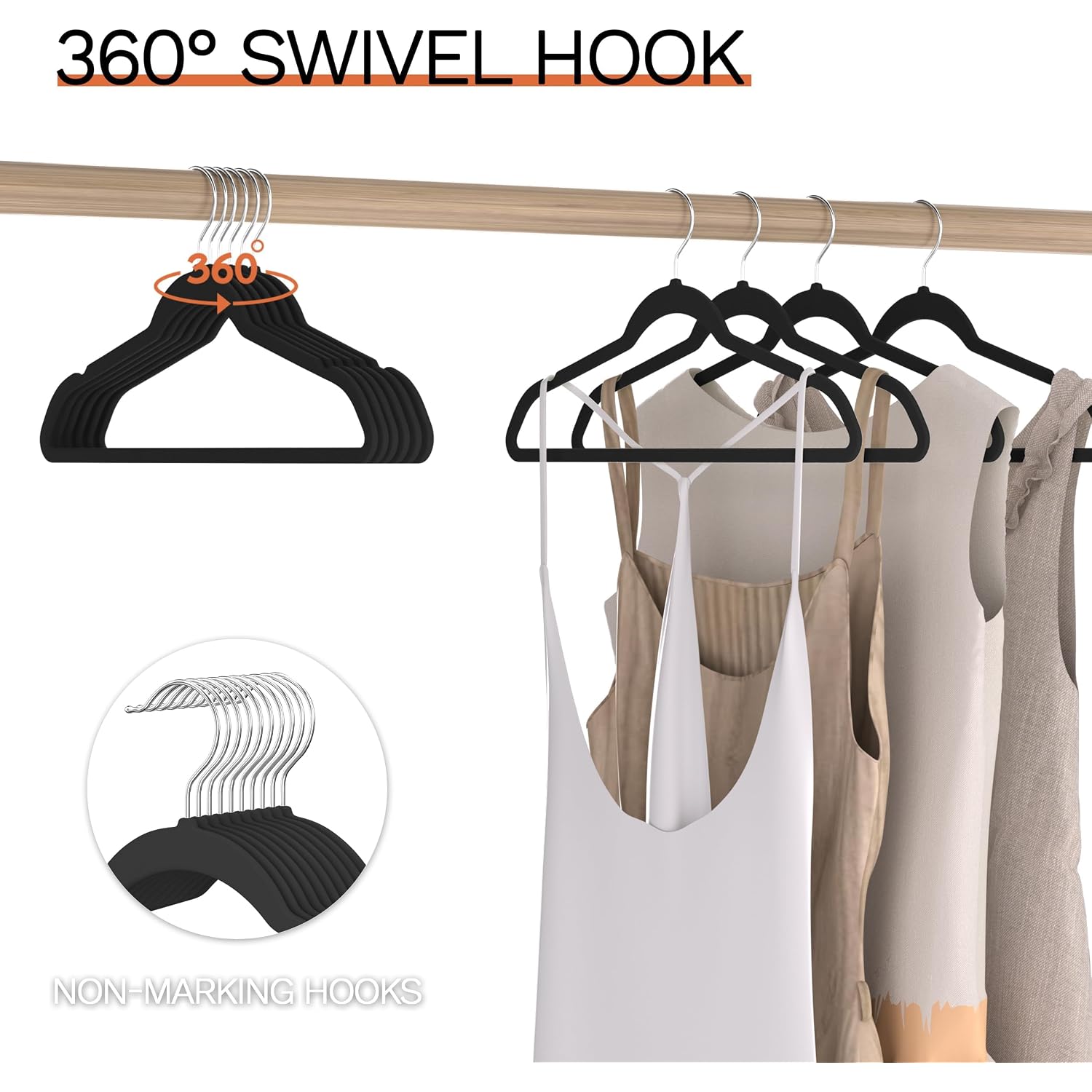 Black Velvet Hangers 60 Pack, Slim Space Saving Suit Hangers For Closet Organizer, Rotating Silver Hook, Non Slip Clothes Felt Hanger Heavy Duty For Coat,Shirt, Pants, Camisole, Dress
