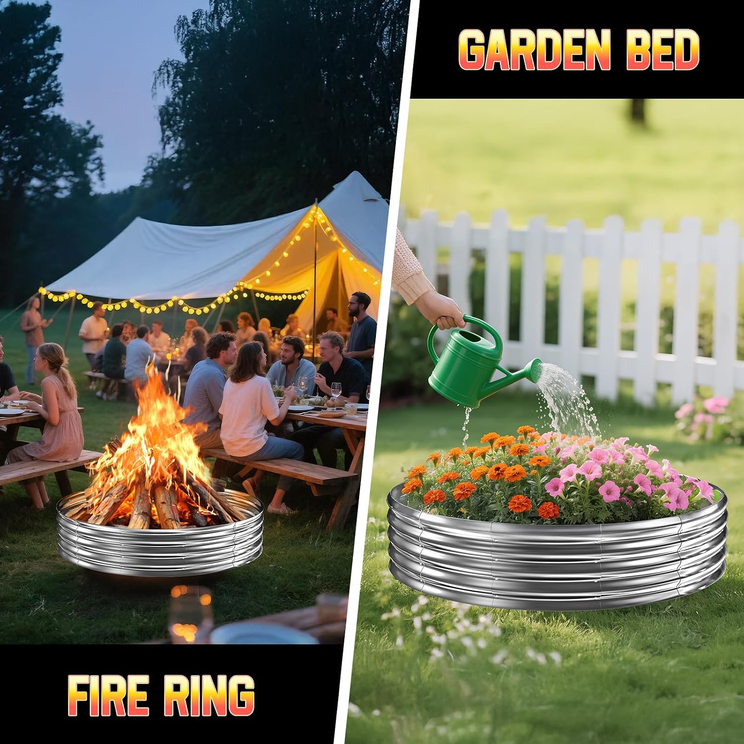 60 Inch Fire Pit Ring 5Ft Galvanized Steel, 12" Raised Heavy Duty Wood Burning Fire Pits&Outdoor Fireplace, Heat Resistant Campfire Ring With Spark Guard, For Outdoor Backyard, Patio & Camping Use