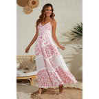 Women Floral Maxi Dress Spaghetti Straps V Neck Lace Patchwork Flowy Tiered Boho Beach Sundress Long Dresses