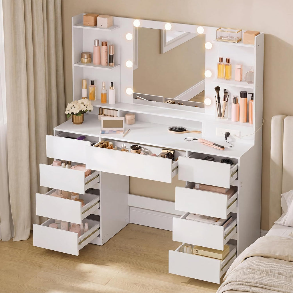 Vasagle Kailyn Collection - Vanity Desk With Mirror And 9 Led Bulbs, Modern Vanity Makeup Table With Power Outlets, Dressing Table With 9 Drawers, For Bedroom, Cloud White Urdt141Wb01S