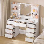 Vasagle Kailyn Collection - Vanity Desk With Mirror And 9 Led Bulbs, Modern Vanity Makeup Table With Power Outlets, Dressing Table With 9 Drawers, For Bedroom, Cloud White Urdt141Wb01S