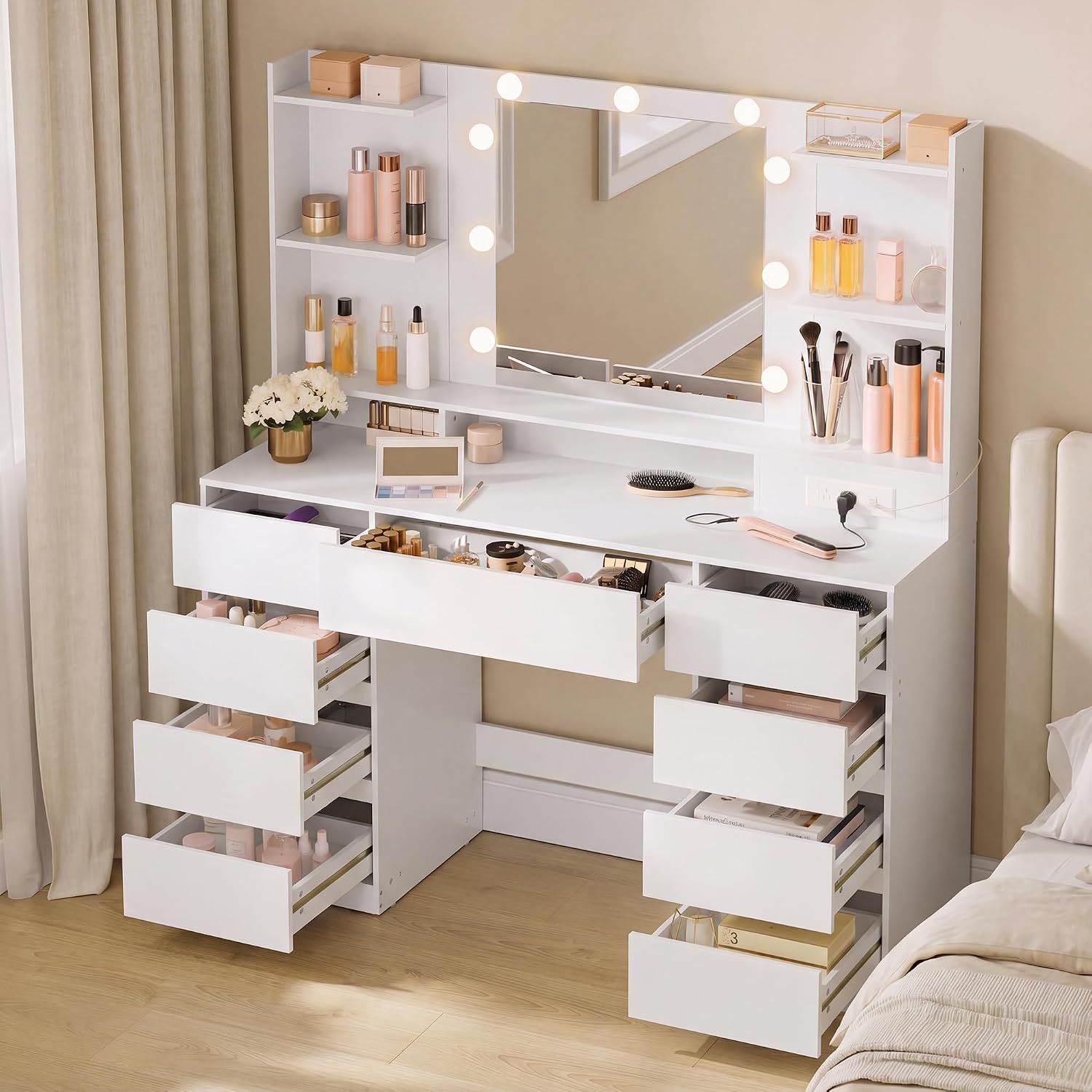 Vasagle Kailyn Collection - Vanity Desk With Mirror And 9 Led Bulbs, Modern Vanity Makeup Table With Power Outlets, Dressing Table With 9 Drawers, For Bedroom, Cloud White Urdt141Wb01S