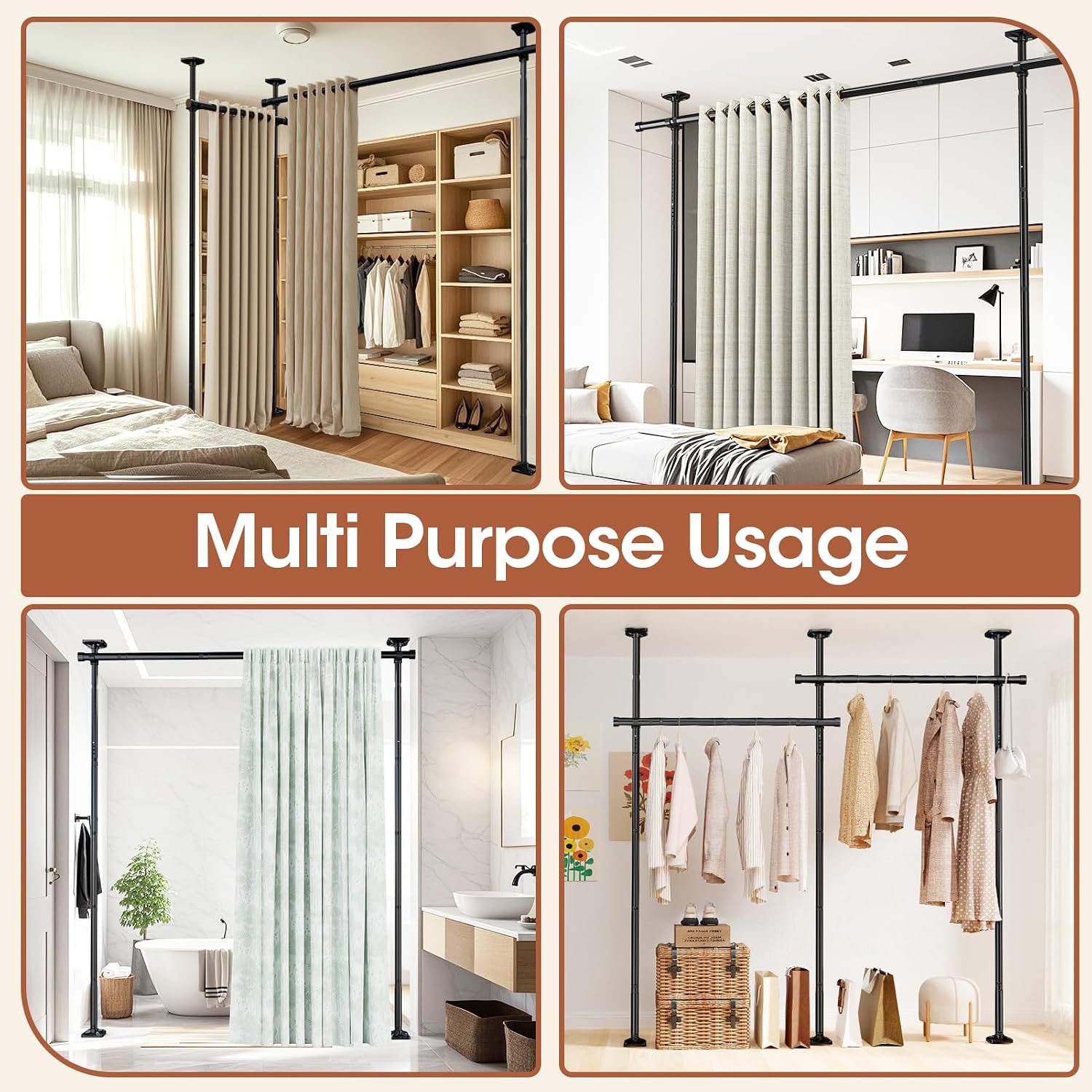 Room Divider Curtain Rod, No Drilling Room Separator For Space Partition Adjustable 4-10Ft(H) 28-70Inch(W) Heavy Duty Temporary Wall Divider Floor To Ceiling Tension Rod, Black