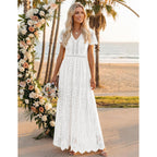 Merokeety Women'S 2026 V Neck Short Sleeve Floral Lace Wedding Dress A Line Boho Bridesmaid Cocktail Party Maxi Dress