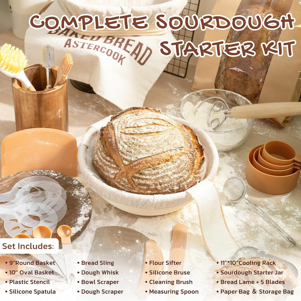 Astercook Sourdough Starter Kit With Round & Oval Banneton Bread Proofing Basket, Starter Jar, Dough Whisk, Scrapers, Stencils, Complete Sourdough Bread Baking Supplies, Fathers Day Gift For Men