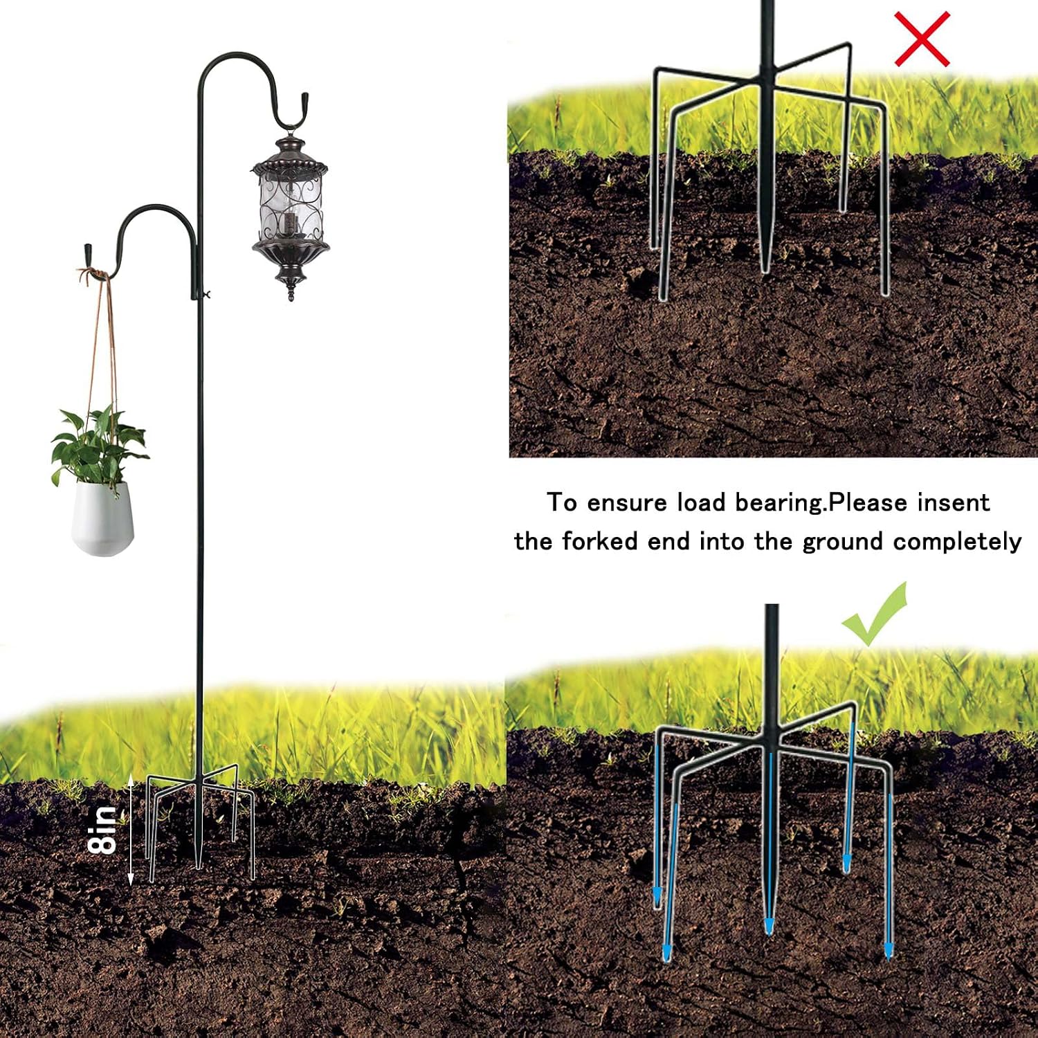 Mipon Adjustable 78/62/46/30 Inch Double Shepherds Hooks Or Outdoor | Garden Shepards Hook For Outdoor Bird Feeder,Hanging Plants,Solar Light,3/4 Inch Width