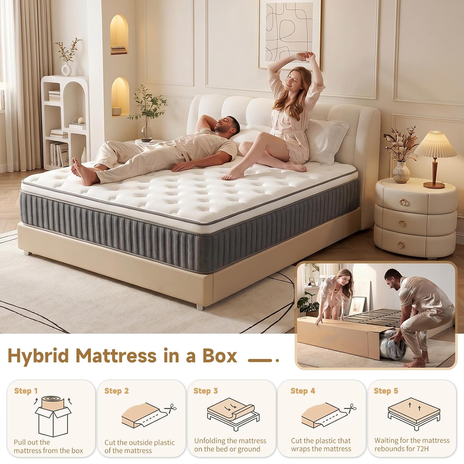 Queen Mattress, 12 Inch Hybrid Queen Mattress In A Box, Medium Firm Memory Foam Mattress, With Individual Pocket Springs, Upgrade Zoned Support, Motion Isolation&Pressure Relief, Certipur-Us