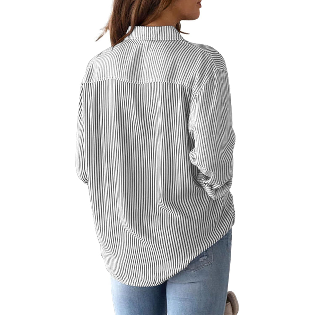 Grade 4 Wrinkle-Resistant Women's Button Down Shirts Striped Long Sleeve Collared Blouses Tops with Pocket